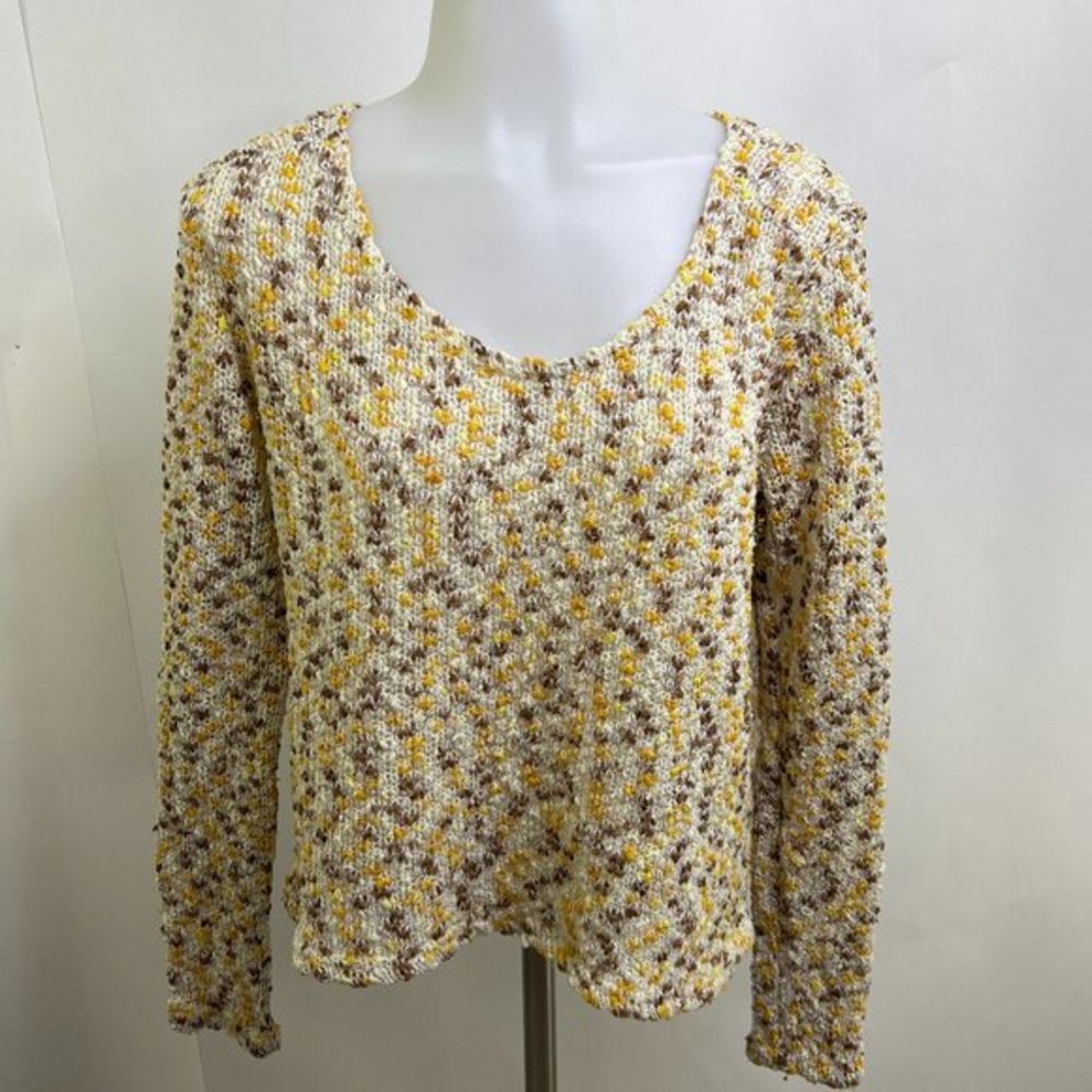MinkPink M Sweater Yellow Textured Brown Crochet Knit Scoop Long Sleeve